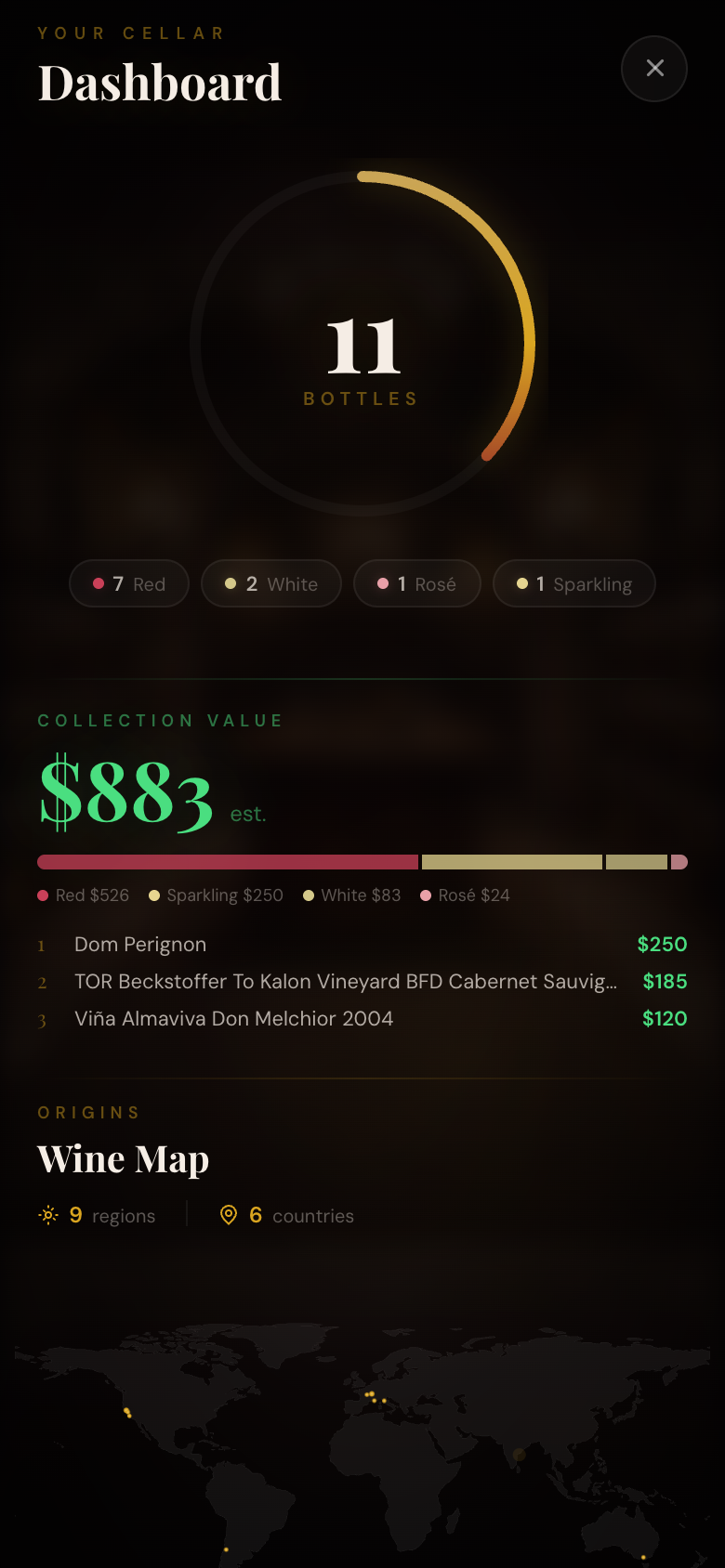 Cellar dashboard showing $883 collection value and analytics