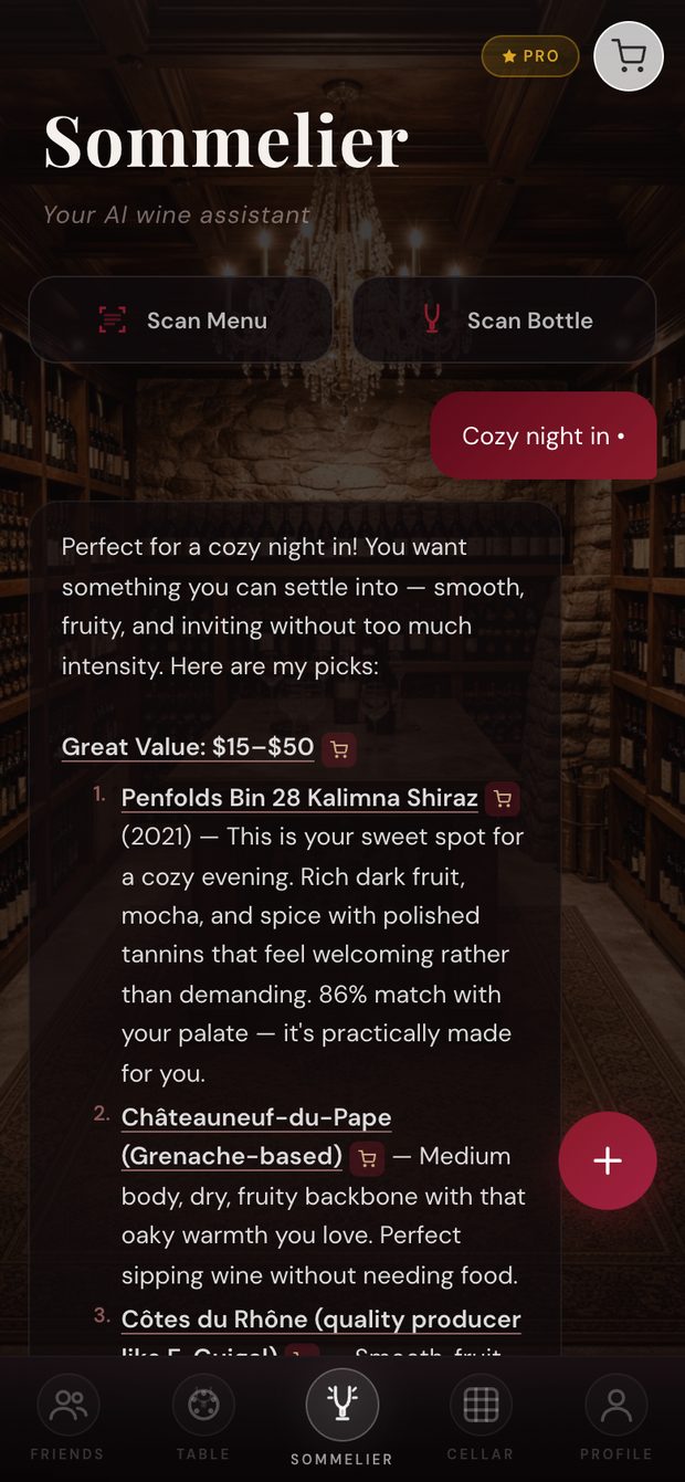 The AI sommelier answering: three bottles, with an 86% palate match